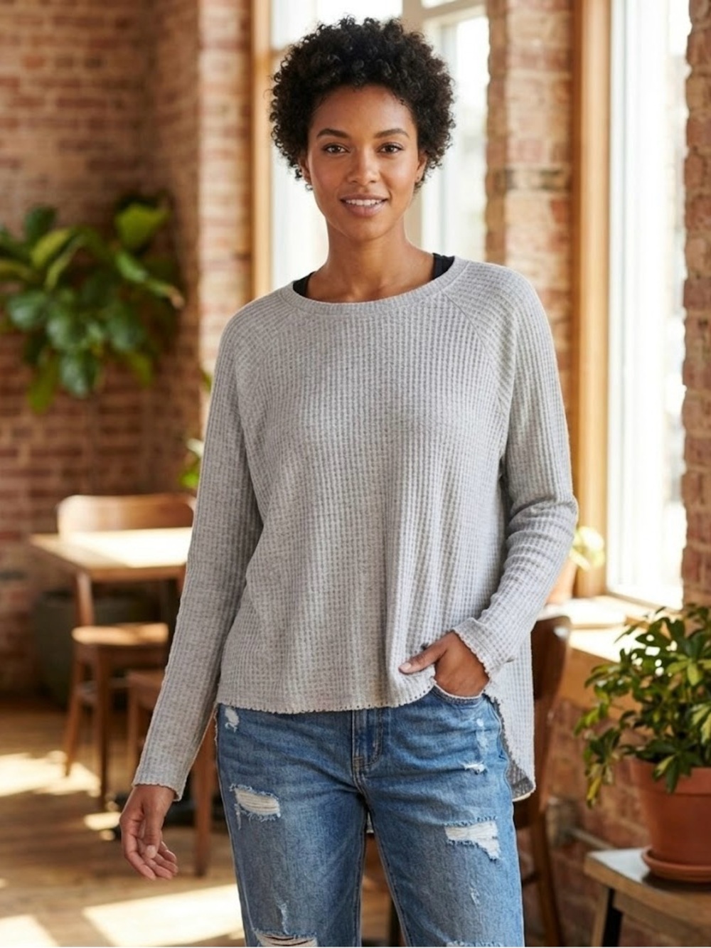 Soft Ribbed Knit Pullover Sweater in Light Gray